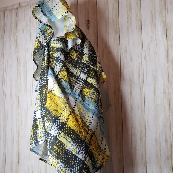 Project Runway Top Asymmetrical One Shoulder Plaid Yellow Black Size Small NWT - Picture 7 of 13